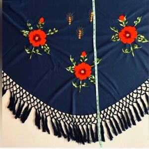 Giant Spanish blue and red embroidered shawl with crocheted fringe.34”x74”